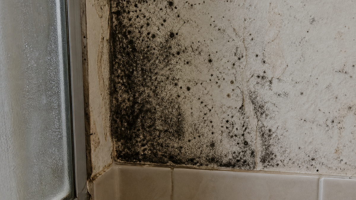 Restoration technician in PPE inspecting suspected black mold on drywall in Tucson bathroom