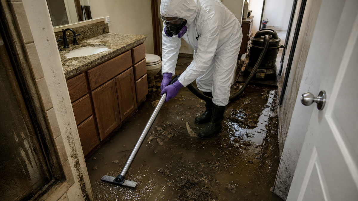 Technician in full PPE removing Category 3 contaminated drywall in Tucson home