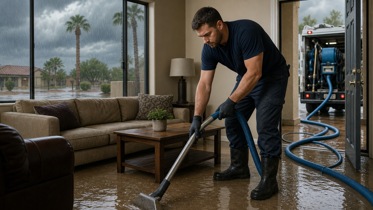 Technician extracting flood water from a Tucson home after a monsoon storm