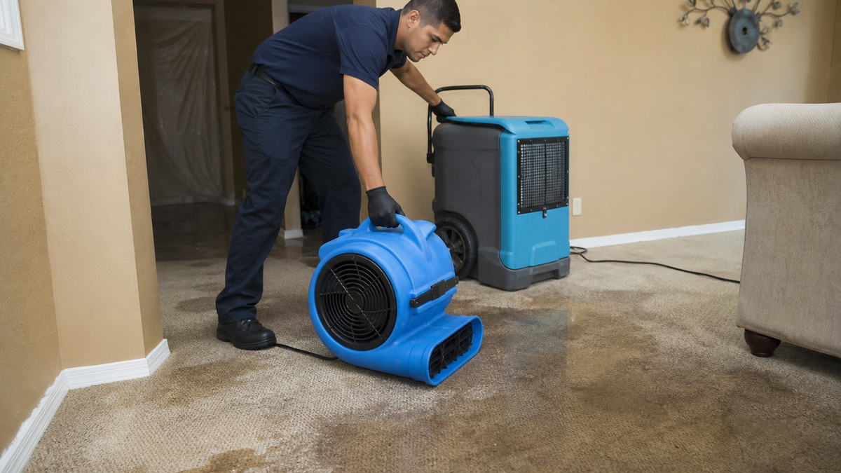 Commercial dehumidifiers and air movers drying water damaged room in Tucson Arizona home