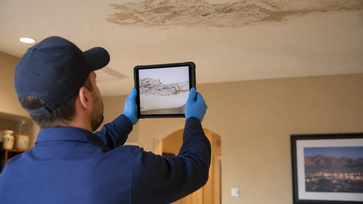 Restoration technician documenting water damage with photos for insurance claim in Tucson