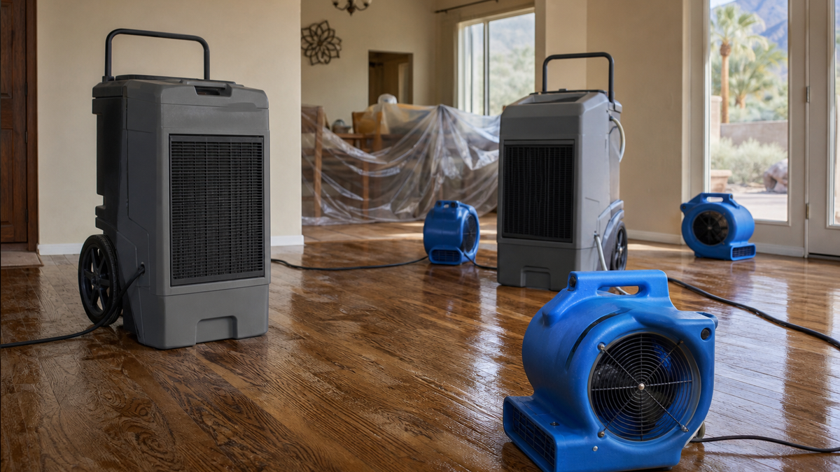 Air movers and dehumidifiers set up for structural drying in Tucson water damaged home