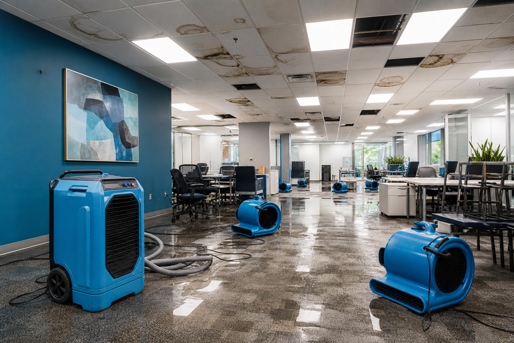Post-monsoon flat roof flood cleanup and drying at an Oro Valley office