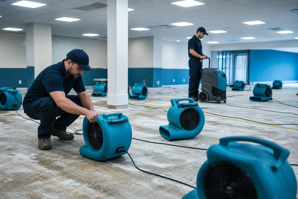 Commercial restoration team drying a flooded Tucson office with air movers and dehumidifiers
