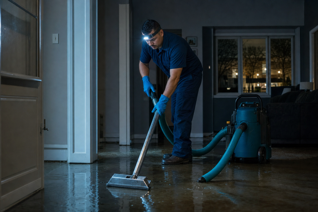 Emergency water damage restoration crew extracting flood water in a Tucson home at night