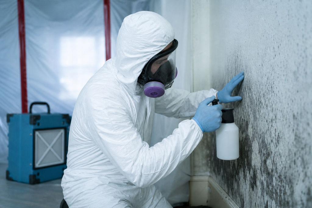 Technician performing residential mold remediation and water damage repair in a Tucson home